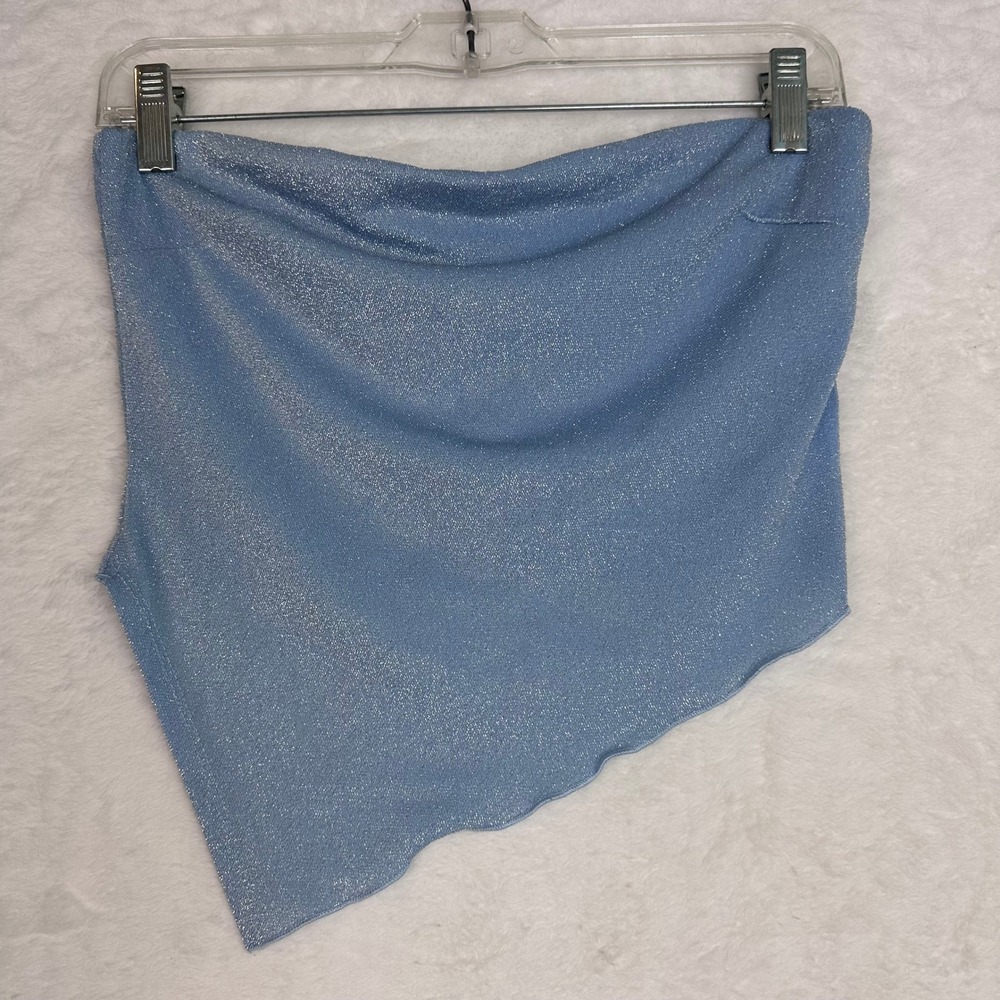 Princess Polly Carrow Strapless Top Blue Metallic Asymmetrical Hem NWT 6